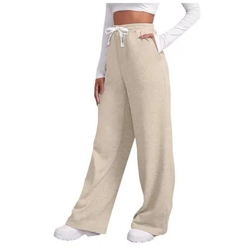 Produktbild: Jogginghose Damen Yoga Hosen Baggy Loose Casual High Waist Loose Fit Sporthosen Elastischer Bund Freizeithosen Hohe Trainingsanzug Hose Sweathose mit Taschen (Beige, L)