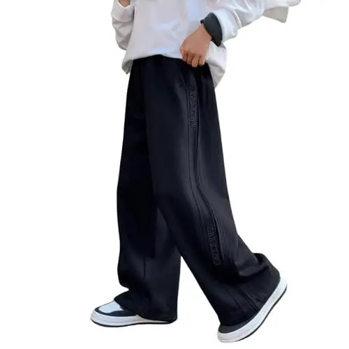 Produktbild: Jogginghose Jungen Baggy Sporthose Baumwolle Weite Bein Cargohose mit Elastischem Bund Traininghose High Waist Freizeithose Lockere Sweatpants Kinder Jogger Outdoor Hose (Black, 11-12 Years)
