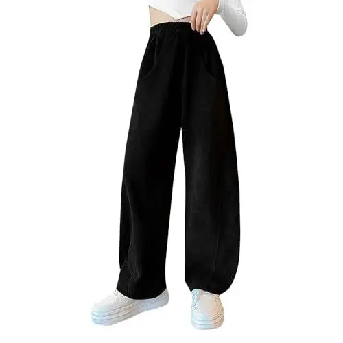 Produktbild: Jogginghose Mädchen Baumwolle Sporthose Einfarbige Baggy Jogginghosen Weite Bein Cargohose mit Elastischem Bund Traininghose High Waist Freizeithose Lockere Sweatpants (Black, 15-16 Years)