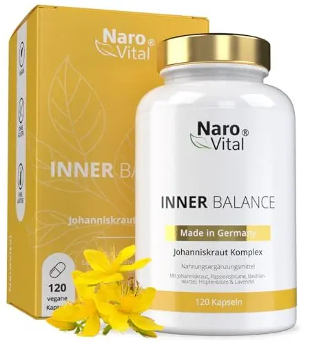 Produktbild: Johanniskraut Komplex - Passionsblume, Baldrian, Hopfen & Lavendel Extrakt Kapseln hochdosiert - Anti Stress - Stimmungsaufheller & Beruhigungsmittel - 120 Kapseln I NaroVital Inner Balance