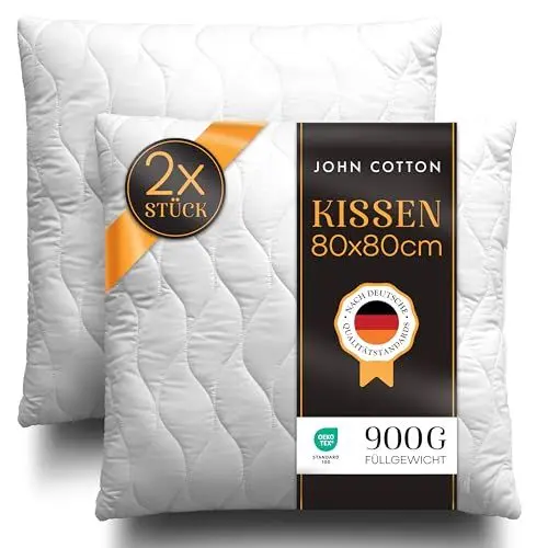 Produktbild: John Cotton Kopfkissen 80x80 cm – 2er Set Hotel-Luxus-Stepp-Kissen für Nackenschmerzen, Verstellbares Kissen mit Reißverschluss - 900g Füllung, Schlafkissen für Allergiker, Oeko-TEX (80 x 80)