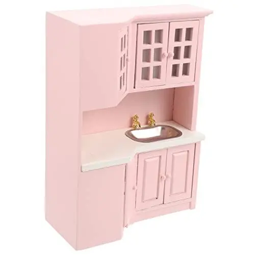 Produktbild: JOINPAYA puppenhaus Schrank spielzeugküche Toy Kitchen puppenhauszubehör Dollhouse Furniture Küchenschränke für Puppenstuben Puppenhausmöbel Mini-Waschtisch Spielhausmöbel Holz Rosa