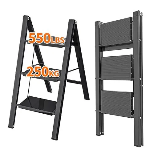 Produktbild: JOISCOPE 3-Stufen-Aluminium-Leiter,Leichte klappbare Tritthocker für Erwachsene mit breitem Anti-Rutsch-Pedal,250KG Kapazität tragbare stabile Leiter,platzsparend,Schwarz