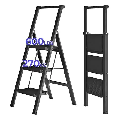 Produktbild: JOISCOPE 3 Stufen Trittleiter Klappbar, Mit Handlauf Haushaltsleiter, Verbreiterten rutschfest Stufen, Multifunktionale Leiter, Tragfähig bis 270KG, Stufenleiter für Haushalt, Büro,Regal Schwarz