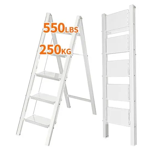 Produktbild: JOISCOPE 5-Stufen-Aluminium-Leiter,Leichte klappbare Tritthocker für Erwachsene mit breitem Anti-Rutsch-Pedal,250KG Kapazität tragbare stabile Leiter,platzsparend,Weiß
