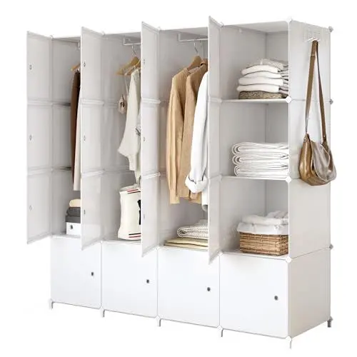 Produktbild: JOISCOPE DIY Tragbarer Kleiderschrank, Platzsparender Modularer Kunststoffschrank mit Türen mit Hängestange, Idealer Bücheraufbewahrungsschrank, Wohnzimmer, Schlafzimmer, Kinderzimmer, 16 Würfel