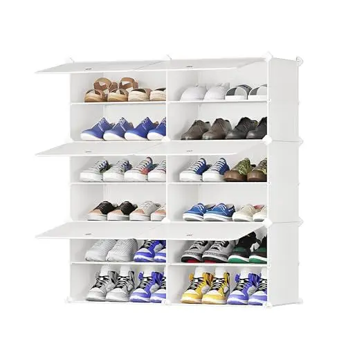 Produktbild: JOISCOPE Kunststoff Schuhschrank,DIY einfaches Schuhregal, schmal, mit Tür, Stahlrahmen, stabil, für Flure, Schlafzimmer, Eingangsbereiche，Weiß mit Transparenter Tür, 2 * 6