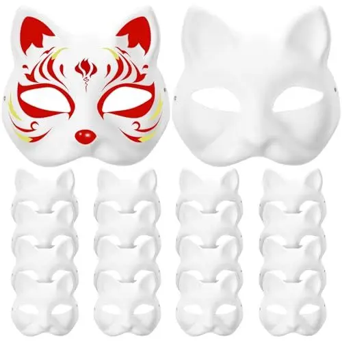 Produktbild: jojofuny 20 Stück Pappmaché-Kunstmasken Zum Selbermachen Leere Katzen Halb Unbemalte Tiermasken Weiße Maskerademasken Für Kinder Zum Dekorieren Von Bastel-Partygeschenken