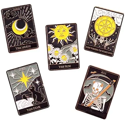 Produktbild: jojofuny Brosche Tarot Damenrucksäcke 5 Stücke Tarot Emaille Pin Die Mond Stern Rad des des Todes Brosche Pin Rucksack Kleidung Revers Abzeichen Für Unisex Damenrucksack