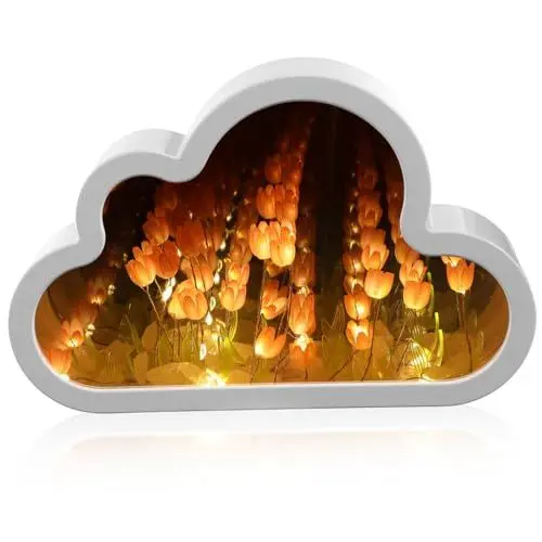 Produktbild: jojofuny DIY Wolke Tulpe Meer Spiegel Nachtlicht 3D-Schreibtischlampe Tulpenlampe Batterie handgemachtes Tulpen-Nachtlicht nachtlampe Mädchen Laterne Schlaf leicht Kurkuma Kind Linse