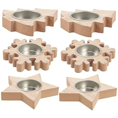 Produktbild: jojofuny Teelichthalter Holz Stern Schneeflocke Weihnachtsbaum Votivkerzenständer Weihnachtskerzenhalter Tasse Tischaufsatz 6 Stück