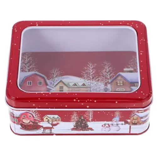 Produktbild: jojofuny Weihnachten Metalldose Keksedose Blechdose Plätzchendose Gebäckdose Weihnachtsdose mit Sichtfenster Weihnachtsbaum Muster Metallbox Aufbewahrungsbox für Weihnachten