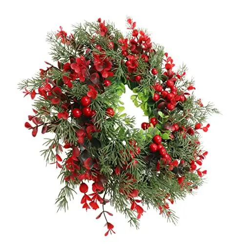 Produktbild: jojofuny Weihnachtskranz Adventskranz Roter Beerenkranz Weihnachten Kerzenkranz Kerzenring Winterkranz Tannenkranz Bauernhaus Kiefer Girlande für Weihnachten Party Türdeko Wanddeko Rot