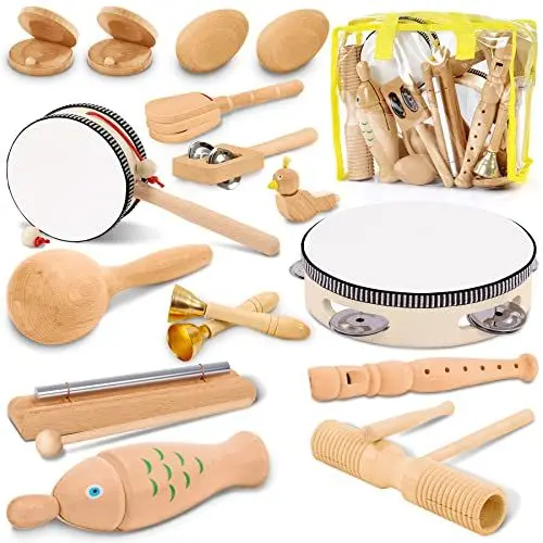 Produktbild: Jojoin 20 Stück Musikinstrumente für Kinder - Holzspielzeug Percussion Set Baby Spielzeug - Musik Kinderspielzeug mit Rasseleier Tambourine Maracas - Spielzeug für Kleinkind Jungen Mädchen