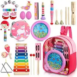 Produktbild: Jojoin 25 Stück Musikinstrumente Kinder Set, Einzigartiges Rosa Musik Kinderspielzeug mit Xylophon, Holz Percussion Set, Schlagzeug Schlagwerk Rhythmus Spielzeug für Kleinkind Mädchen ab 3 Jahre