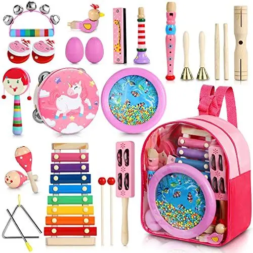 Produktbild: Jojoin 25 Stück Musikinstrumente Kinder Set, Einzigartiges Rosa Musik Kinderspielzeug mit Xylophon, Holz Percussion Set, Schlagzeug Schlagwerk Rhythmus Spielzeug für Kleinkind Mädchen ab 3 Jahre