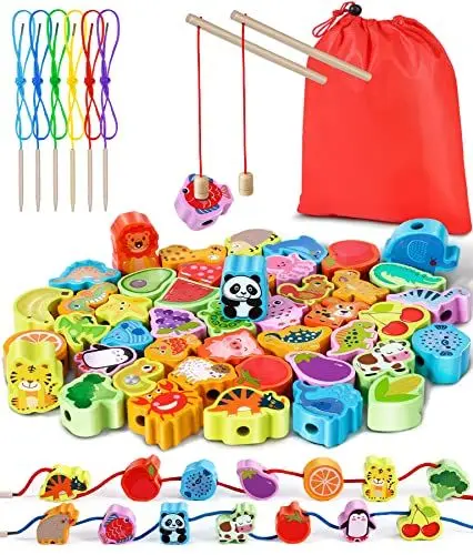 Produktbild: Jojoin 2 in 1 Fädelspiel Montessori Spielzeug - 46 Psc Magnetisches Angelspiel Spiele ab 2 3 Jahre - Obst GemüSe Tiere Holzspielzeug - Lernspiele Motorikspielzeug Ostern Geschenk für Kinder
