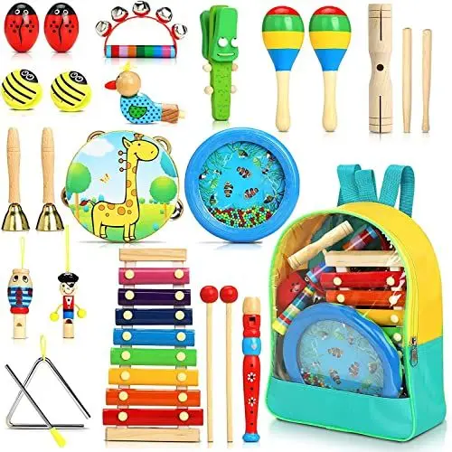 Produktbild: Jojoin Musikinstrumente Kinder Set - 24 Stück Instruments Percussion Holzspielzeug - Baby Kinder Montessori Spielzeug - Xylophon Trommel Rasseleier Triangel Kinderspielzeug Geschenke für Kleinkinder