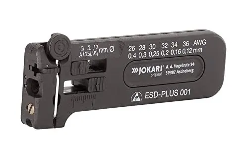 Produktbild: JOKARI®original Mikro-Präzisions-Abisolierwerkzeug antistatisch ESD-Plus 003 zum Abisolieren von feinen Leitern und Litzen AWG 28 bis 18/0,30 bis 1,00 mm Ø, Art.Nr. 40029