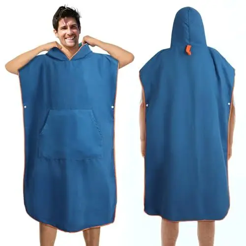 Produktbild: Jokisa Badeponcho Damen & Herren, Ultraleicht und Schnelltrocknend Badeponcho Erwachsene,Doppelseitige Farbe Mikrofaser Surf Poncho auch als Umkleidehilfe Strand (Blau-Grün, Large)