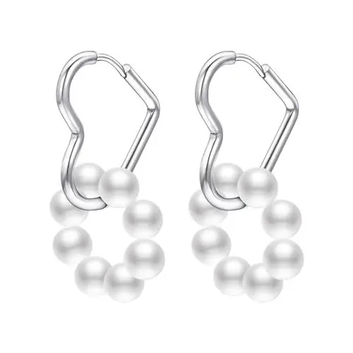Produktbild: JOLCHIF Creolen mit Anhänger Hängende Ohrringe Perlen 14k Weissgold Plattiert Herz Creolen Mit Anhänger Ohrringe Schmuck Für Damen