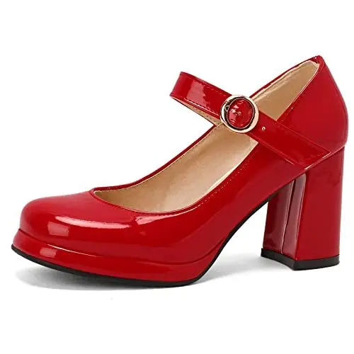 Produktbild: Joliss Damen Blockabsatz Mary Jane Schuhe Mit Schnalle Damen Runde Zehen Pumps Rot Gr 38 EU/39Cn