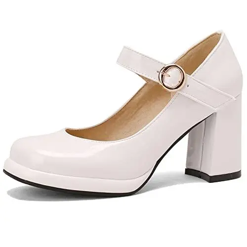 Produktbild: Joliss Damen Blockabsatz Mary Jane Schuhe Mit Schnalle Damen Runde Zehen Pumps Weiß Gr 40 EU/41Cn