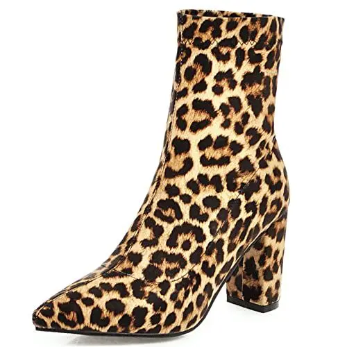 Produktbild: Joliss Damen Blockabsatz Stiefeletten Damen Glitzer Stiefeletten Damen Elegant Abend Kleid Stiefeletten Damen Pointed Toe Ohne Verschluss Stiefeletten Braun-Leopard Gr 37 EU/38Cn