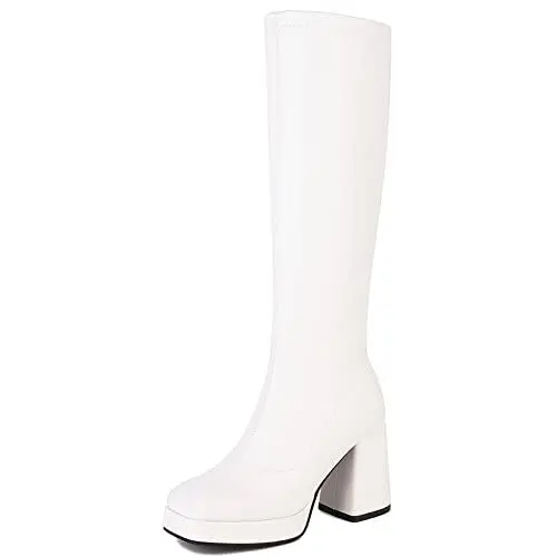 Produktbild: Joliss Damen Blockabsatz Stretch Stiefel Damen Plateau Kniestiefel Damen Square Toe Kniestiefel Damen Ohne Verschluss Abend Stretch Stiefel Weiß Gr 41 EU/43Cn