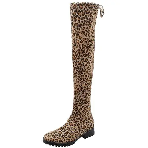 Produktbild: Joliss Damen Mode Stretch Stiefel Mitte Absatz Overknee Stiefel Leopard Winter Zip Stiefel Über Dem Knie Runde Zehen Kniehohe Stiefel Leopard/Rl Gr 36 EU