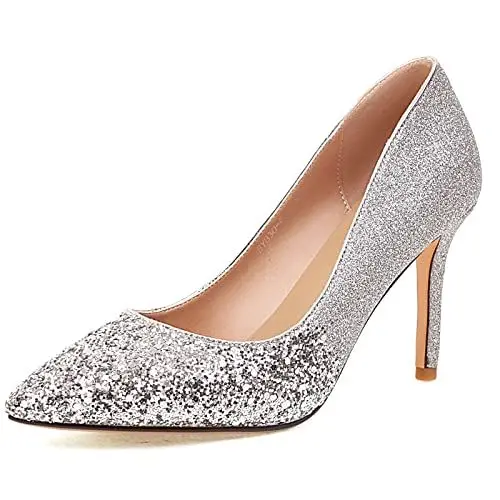 Produktbild: Joliss Damen Pointed Toe Party Pumps Damen Glitzer Hochzeit Damen Elegant Evenig Kleid Schuhe Silber Gr 40 EU/41Cn