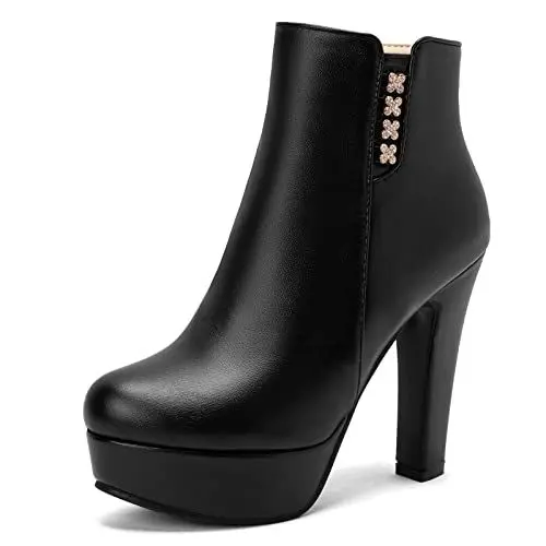 Produktbild: Joliss Damen Runde Zehen Stiefeletten Damen Höhe Ferse Plateau Stiefeletten Damen Blockabsatz Reißverschluss Stiefeletten Schwarz Gr 45 EU/47Cn