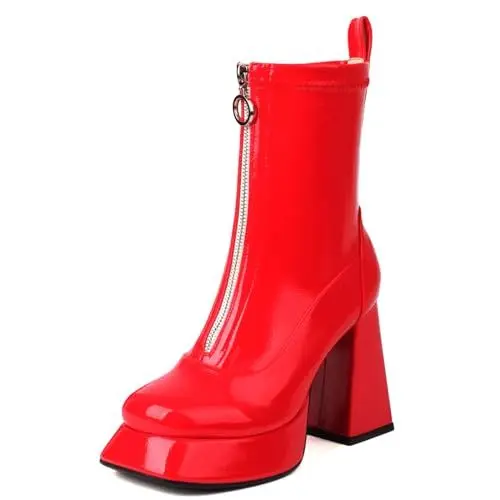 Produktbild: Joliss Damen Zip Stiefeletten Blockabsatz Stiefeletten Plateau Stiefeletten Runde Zehen Abend Anzugstiefel Winter Warm Stiefeletten Rot Gr 36.5 EU/37Cn