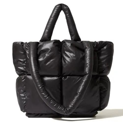 Produktbild: JOLLQUE Puffer Tragetasche für Frauen Gesteppte, weiches Kissen gepolsterte Down Tote Bag, große Winter Handtasche Space Schultertaschen (Schwarz,4 Gitter)