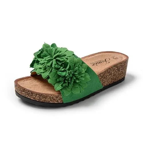 Produktbild: JOMIX Blumen Sandalen Damen Sommer Kunstleder Clogs Bohemia Flach Strandsandalen Pantoletten Plateau Römersandalen (Grün, 37 EU, SD9172)