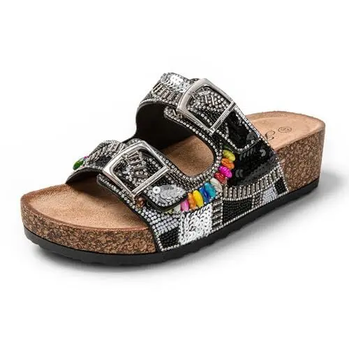 Produktbild: JOMIX Damen Pantoletten Plateau Atmungsaktive Clogs Plateau Sandalen mit Kork-Fußbett Schlappen Frauen Slipper (Schwarz, 36 EU, SD9182)