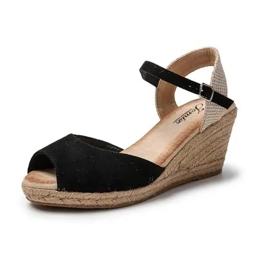Produktbild: JOMIX Damen Sommer Bohemia Plateau Sandalen mit Keilabsatze Strandsandalen Pantoletten Plateau Römersandalen (Schwarz, 40 EU, SD9371)