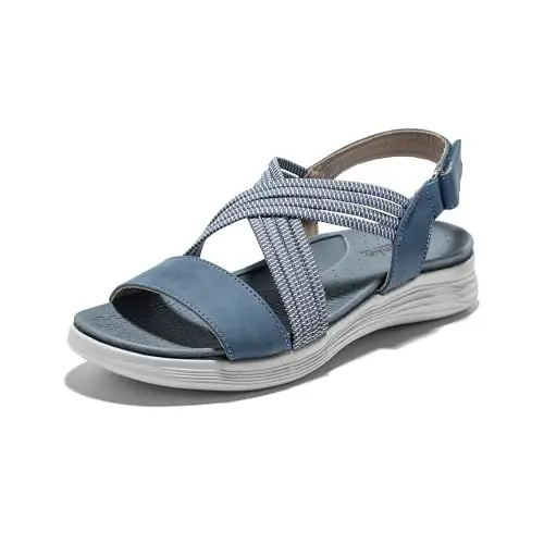 Produktbild: JOMIX Flache Sandalen Damen Große Größen Klettverschluss Leder Strandsandalen Römersandalen Sommerschuhe (Blau, 38 EU, SD9294)