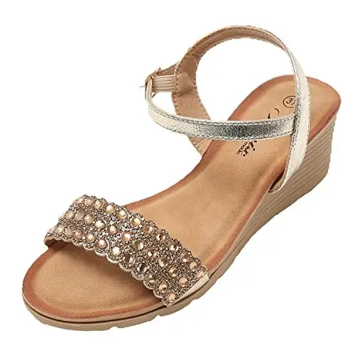 Produktbild: JOMIX Flache Sandalen Damen Große Größen Strass Bohemia Strandsandalen Römersandalen Sommerschuhe (Gold, 38 EU, SD8212)