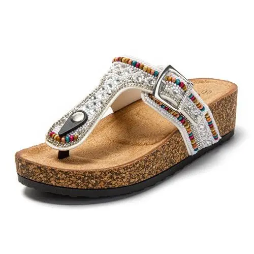 Produktbild: JOMIX Flip Flops Damen Sommer Pantoletten Keil Sandalen mit Kork Fußbett Elegant Bunte Zehentrenner Weiche Strass Meer Strand Badelatschen Slides (Weiß, 38 EU)