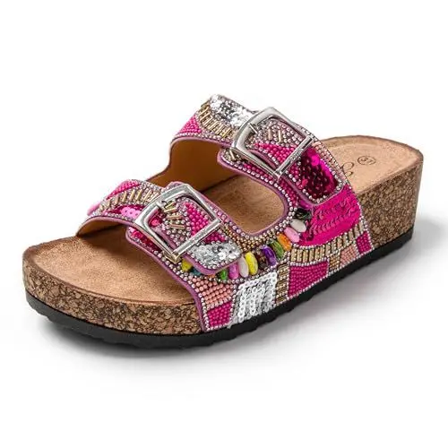 Produktbild: JOMIX Glitzer Sandalen Damen Sommer Kunstleder Clogs Bohemia Flach Strandsandalen Pantoletten Plateau Römersandalen (Rose, 37 EU, SD9182)