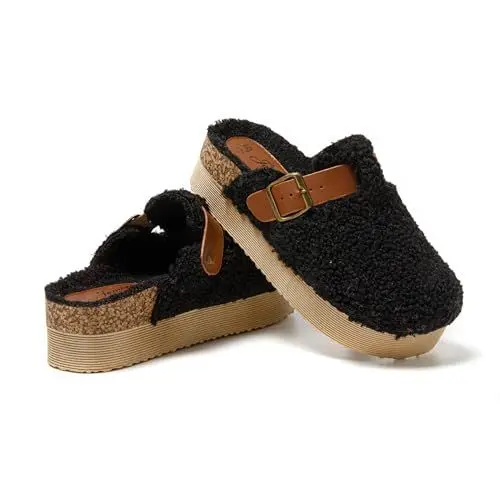 Produktbild: JOMIX Hausschuhe Damen Pantoletten Winter Bequeme Gefüttert Lammfell Pantoffeln Warme Plüsch Clogs Elegant Plateau Rutschfeste Puschen (MD1070-1, Schwarz, 40 EU)