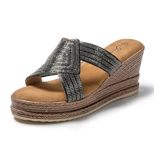 Produktbild: JOMIX Pantoletten Damen Elegant Sandalen mit Absatz Sommer Anatomische Fußbett Keil Strass Schlappen Strand Hausschuhe Strandsandalen (Schwarz, 37 EU)