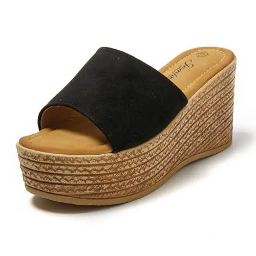 Produktbild: JOMIX Pantoletten Damen Elegant Sandalen mit Absatz Sommer Anatomische Fußbett Plateau Schlappen Strand Pantoffeln Slipper (Schwarz, 39 EU)