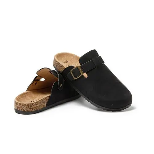 Produktbild: JOMIX Pantoletten Damen Geschlossen Hausschuhe mit Kork Fußbett Bequeme Leder Pantoffeln Flach Elegant Clogs rutschfeste Gartenschuhe (MD9516-1, Schwarz, 39 EU)
