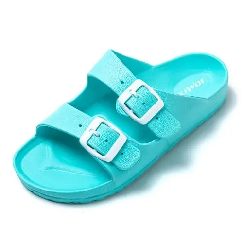 Produktbild: JOMIX Pantoletten Damen Sommer Bunte Badeschuhe mit Fussbett Flache Rutschfest Badelatschen Meer Pool Strand Schwimmen Schnalle Schlappen (Blau, 40 EU)