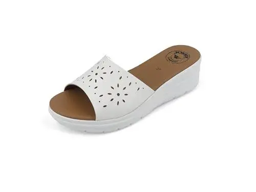 Produktbild: JOMIX Pantoletten Damen Sommer Sandalen mit Absatz Anatomische Fußbett Elegant Plateau Schlappen Strand Meer Pool Pantoffeln Slipper (Weiß, 39 EU)
