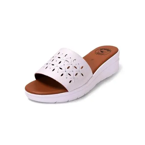 Produktbild: JOMIX Pantoletten Damen Sommer Sandalen mit Absatz Anatomische Fußbett Elegant Plateau Sternchen Schlappen Strand Pantoffeln Slipper (Weiß, 39 EU)