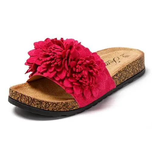 Produktbild: JOMIX Pantoletten Damen Sommer Sandalen mit Kork Fußbett Elegant Flach Strandsandalen Weiche Blumen Wandern Meer Strand Slides (Pflaumen, 39 EU)