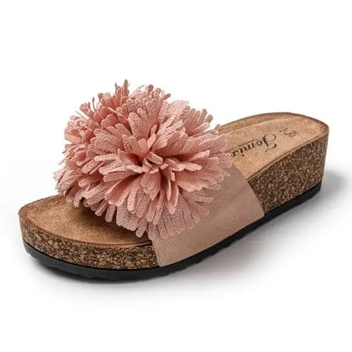 Produktbild: JOMIX Pantoletten Damen Sommer Sandalen mit Kork Fußbett Elegant Flach Strandsandalen Weiche Blumen Wandern Meer Strand Slipper (Rosa, 41 EU)